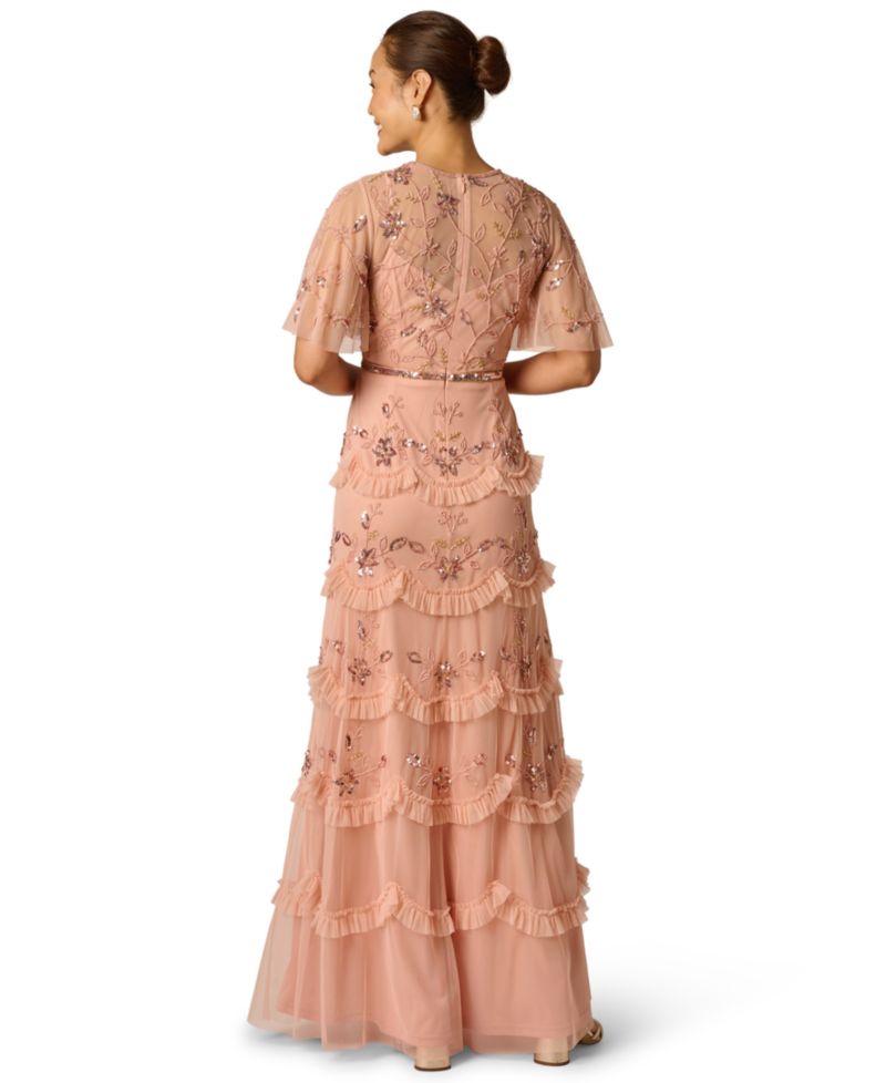 Petite Beaded Mesh Ruffle Dress
