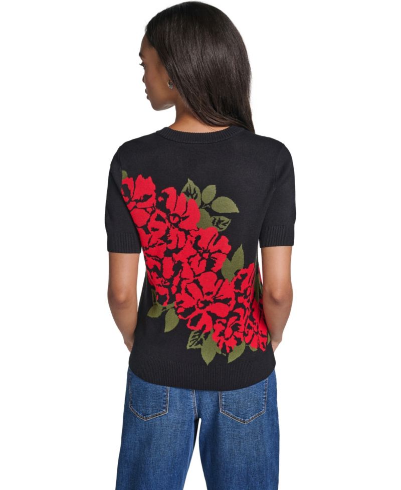 Women's Short-Sleeve Crewneck Rose-Print Pullover Sweater