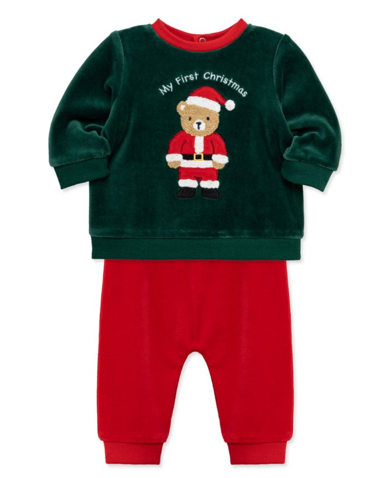 Baby Boys' Embroidered Santa Bear Velour Top and Pants, 2-Piece Set
