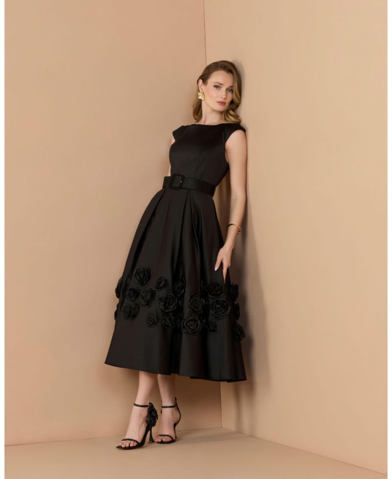 Women's Belted Floral Rosette A-Line Midi Dress