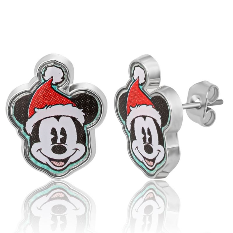 Holiday Stud Earring Set, 3 Pairs - Mickey Santa, Peppermint Ears and Gifts, Silver Tone
