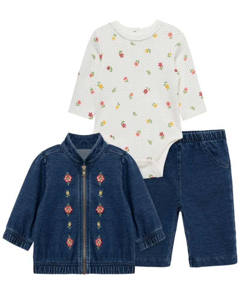 Baby Girls' Blossom Long-Sleeve Bodysuit, Jacket and Pants, 3-Piece Set