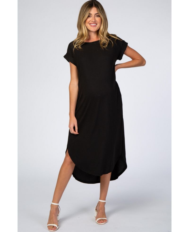 Women's Black Ribbed Curved Hem Midi Dress
