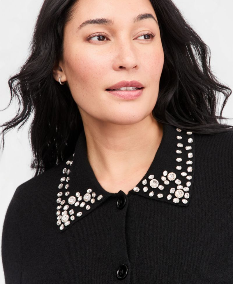 Plus Size 100% Cashmere High-Rib Embellished Cardigan