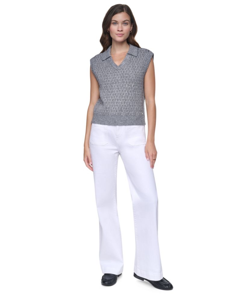 Women's Sleeveless V-Neck Collared Sweater