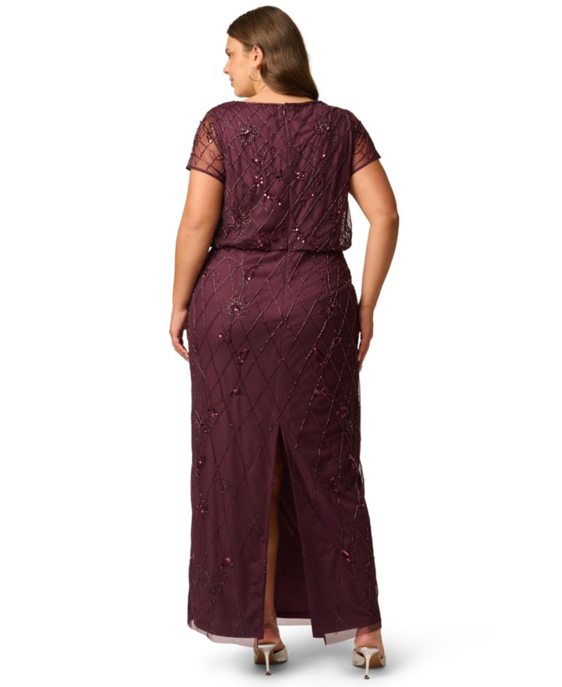 Plus Size Bead Blouson Sequin Short-Sleeve Boat Neck Gown