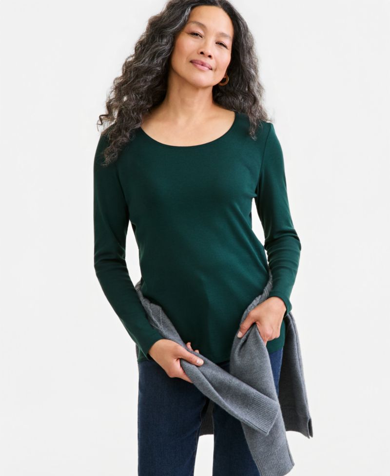Petite Scoop-Neck Long-Sleeve Cotton Top