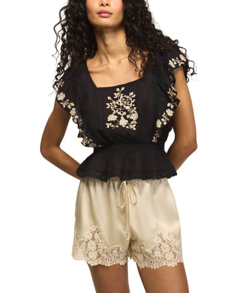 Women's Contrast Embroidered Square Neck Ruffle Top