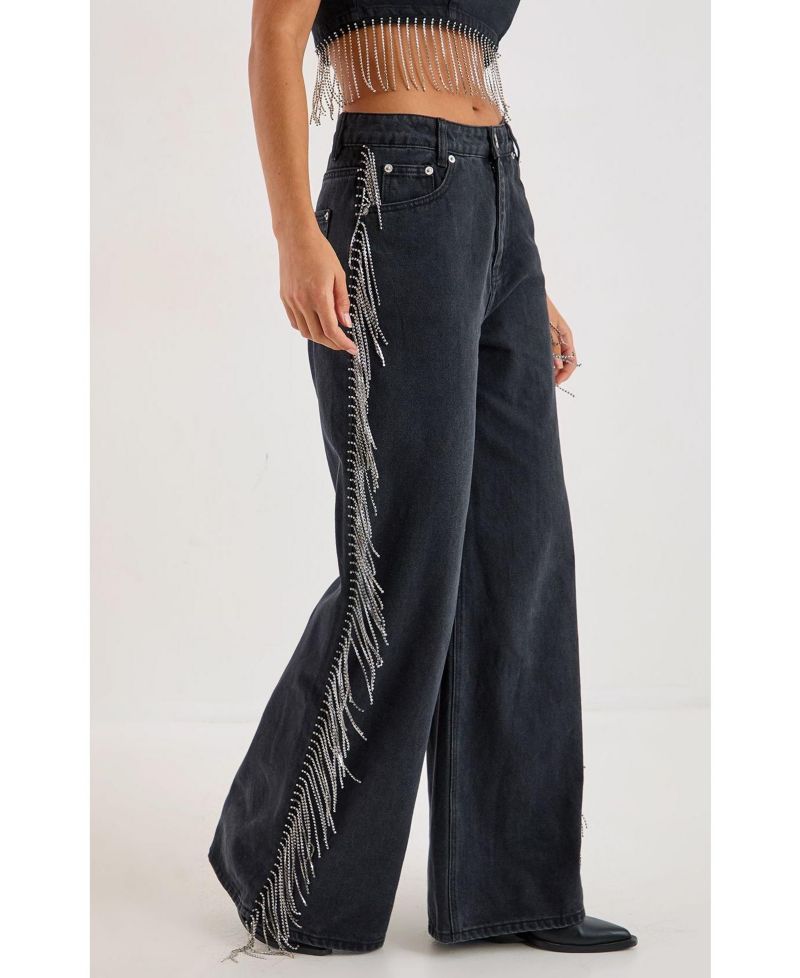 Women's Denim Diamonte Tassel Straight Leg Jeans