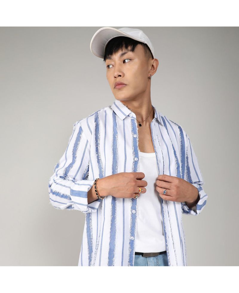 Men's Sky Blue & Chalk White Striped Fringe Shirt