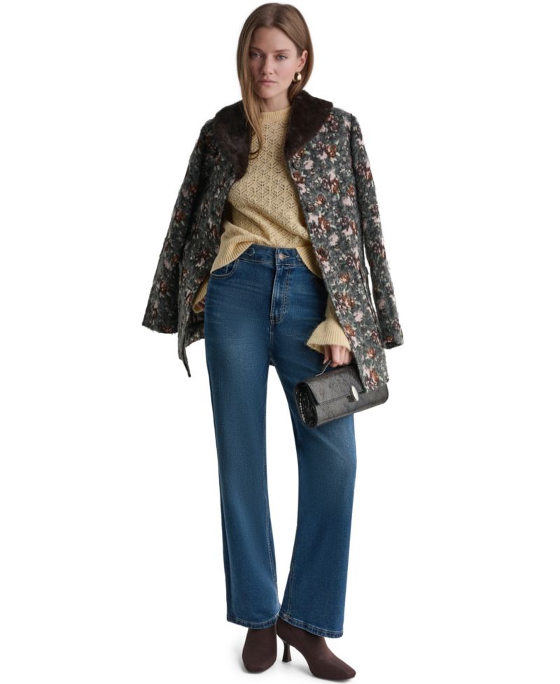 Women's Long-Sleeve Floral Faux-Fur Coat