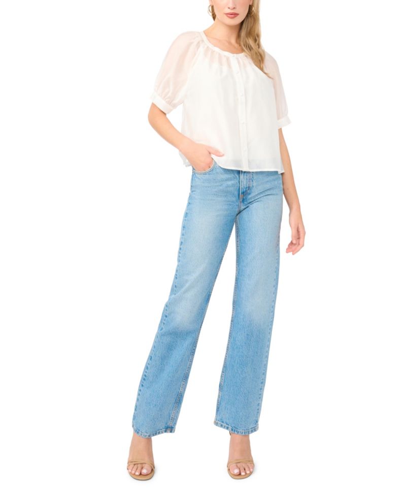 Women's Crewneck Button-Down Short-Sleeve Flowy Top