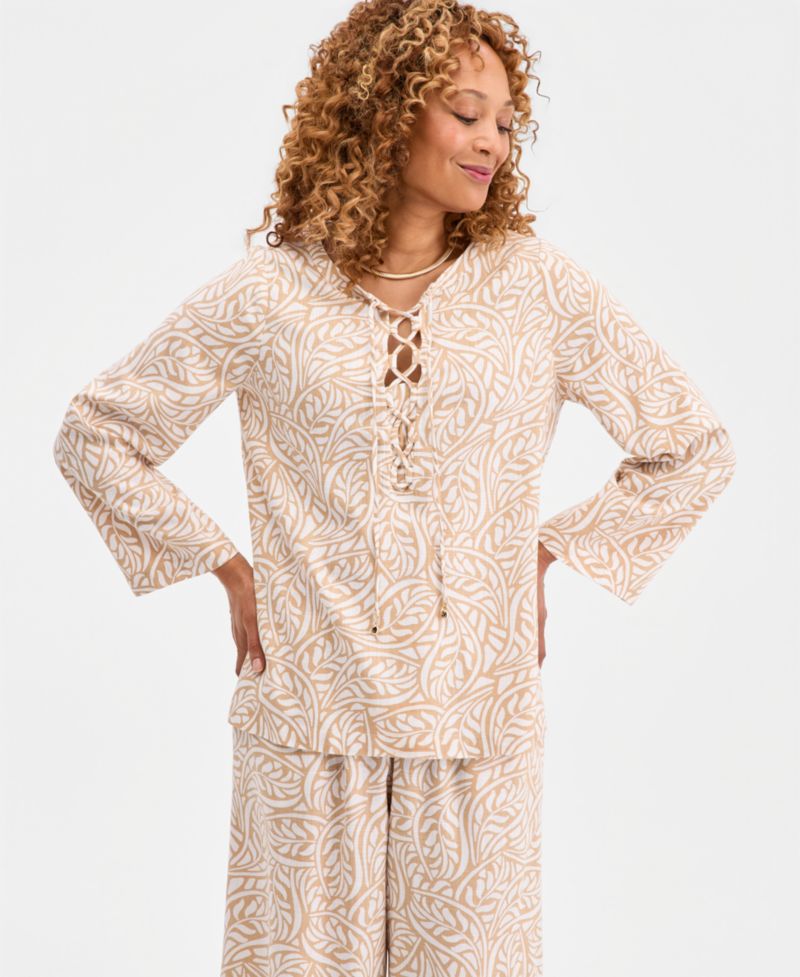 Women's Printed Lace-Up Linen-Blend Top