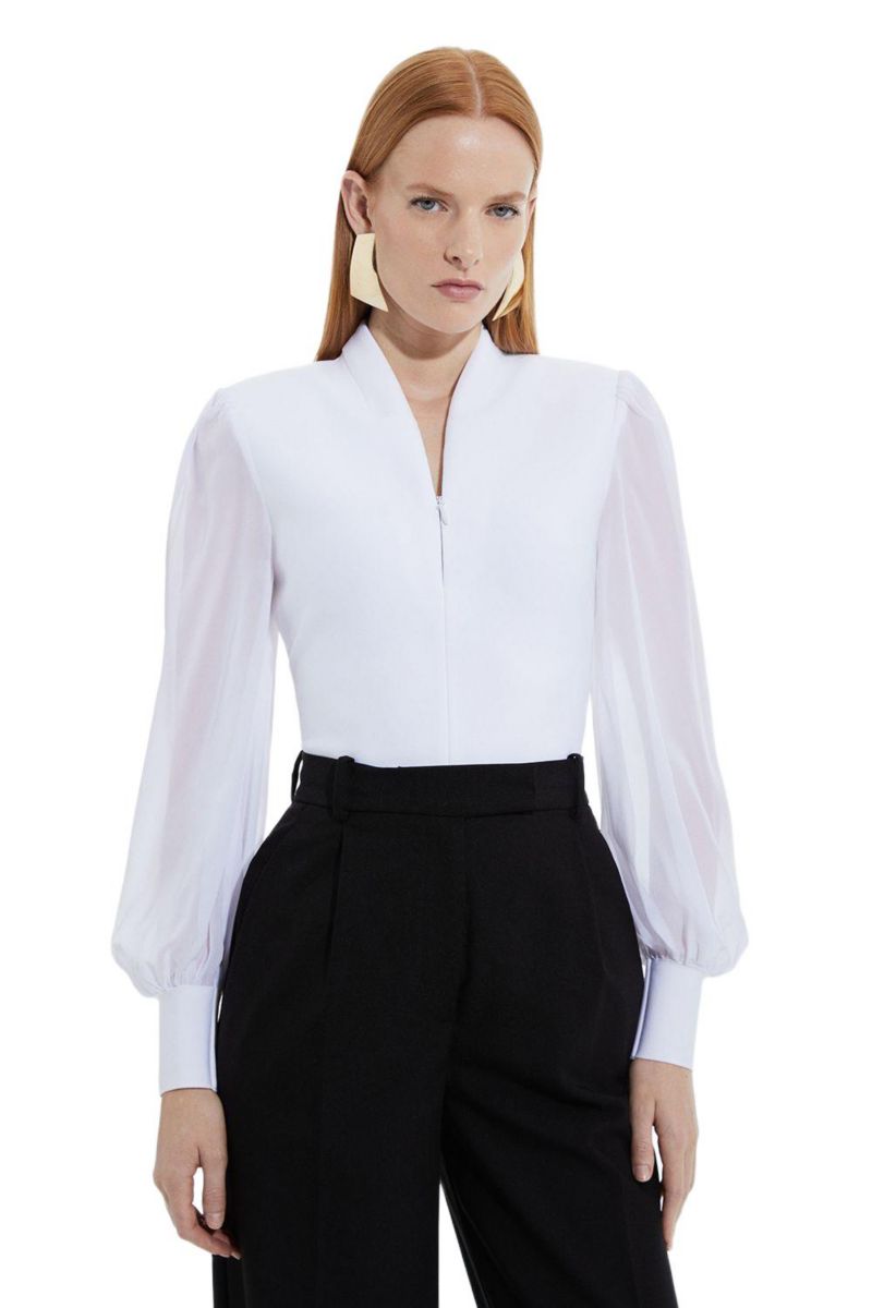 Women's Zip Detail Chiffon Sleeve Knit Top
