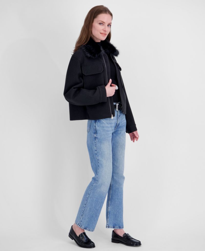 Women's Detachable Faux-Fur Collar Cropped Coat