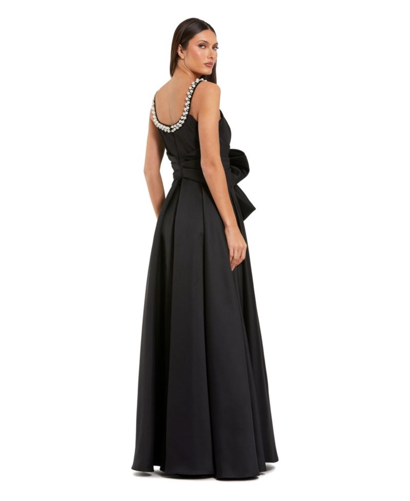 Petite Satin Gown With Pearl Neckline and Bow Detail