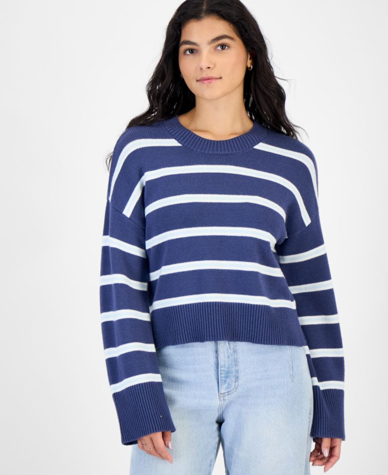 Juniors' Striped Drop-Shoulder Crewneck Pullover Sweater