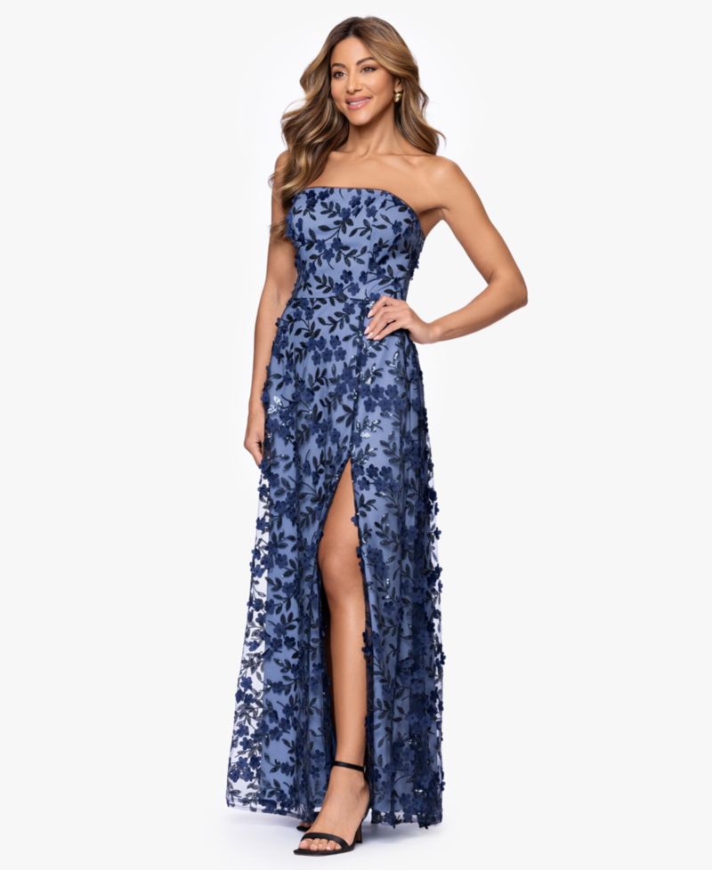 Women's Long Strapless 3D Flower Gown