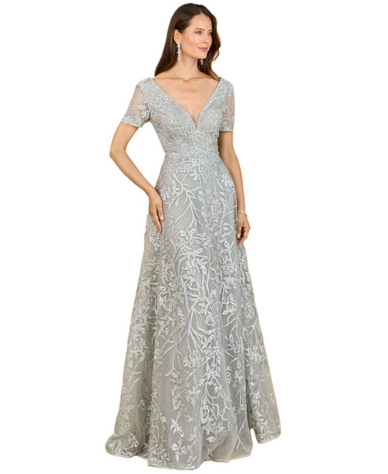 Women's Short Sleeve Lace A-Line Dress with V-Neckline