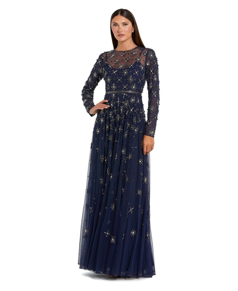 Women's Long Sleeve Crystal Embellished Evening Gown