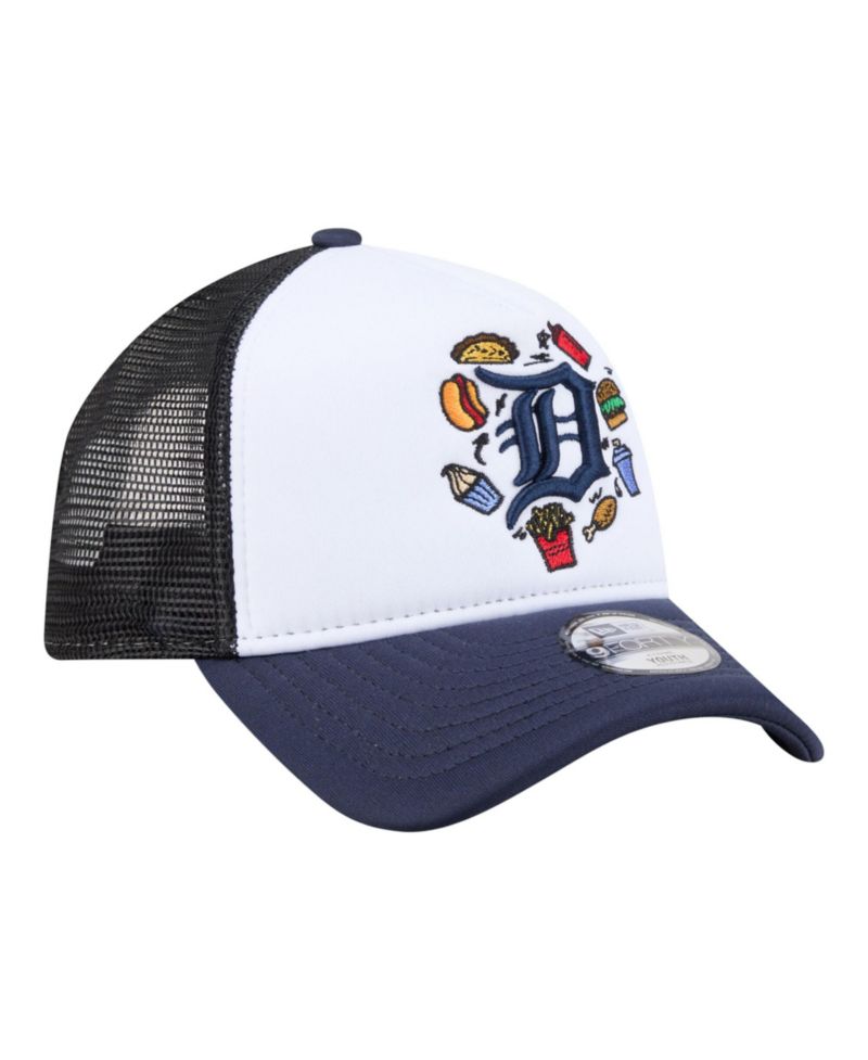 Big Boys and Girls White/Navy Detroit Tigers Food A-Frame 9FORTY Trucker Adjustable Hat
