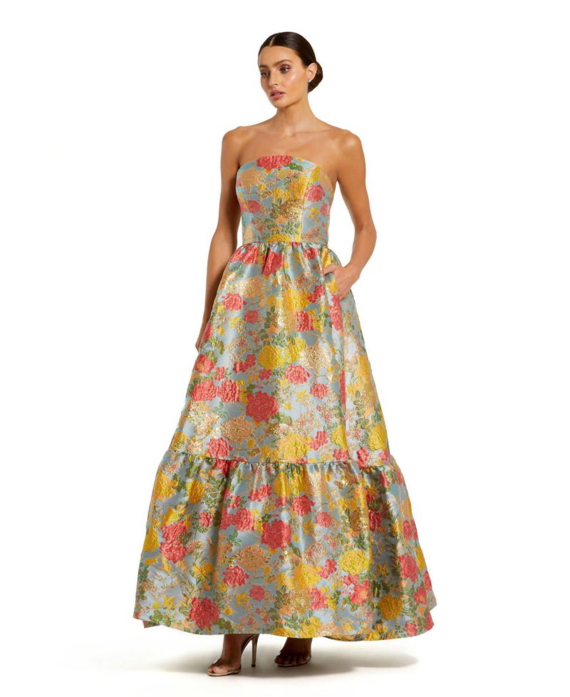 Women's Strapless Brocade Floral Gown With Ruffle Hem