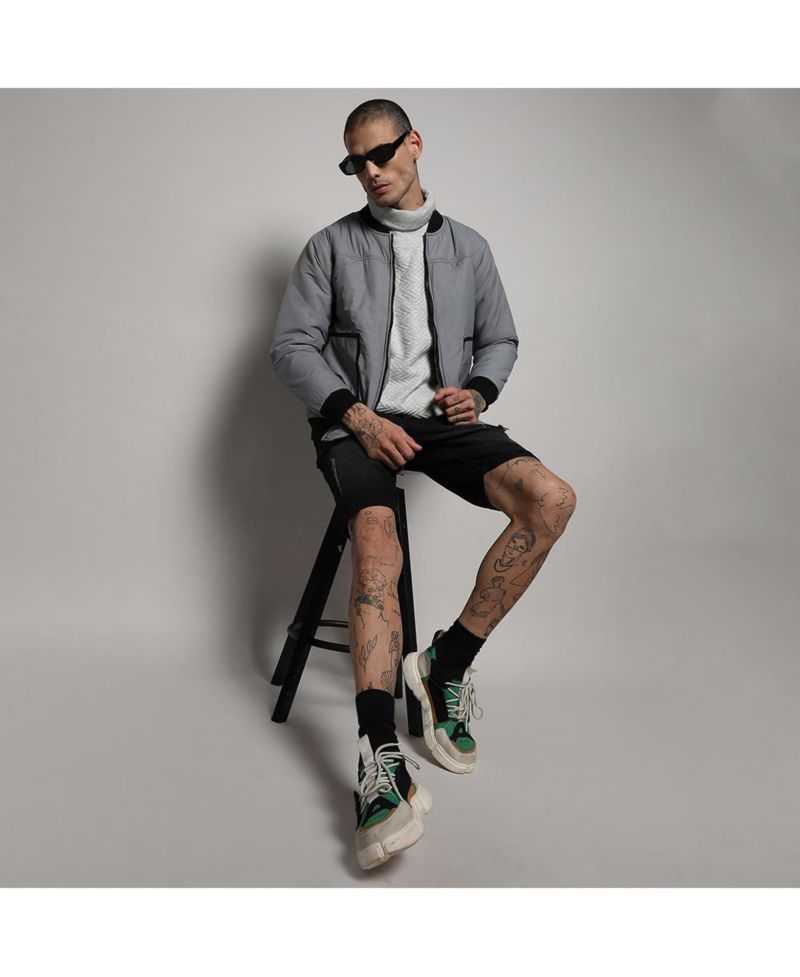 Men's Light Grey Zip-Front Puffer Jacket With Contrast Detail