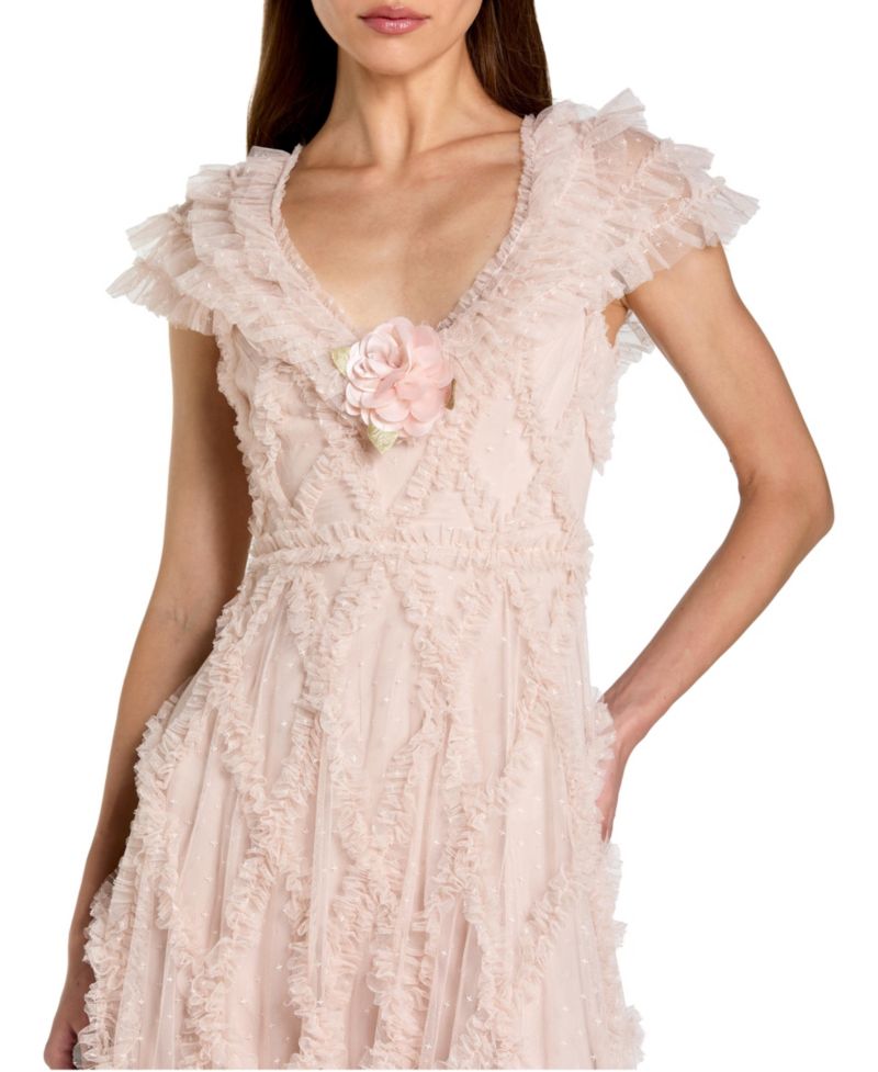 Petite Micro Ruffle Cap Sleeve A-Line Midi Dress
