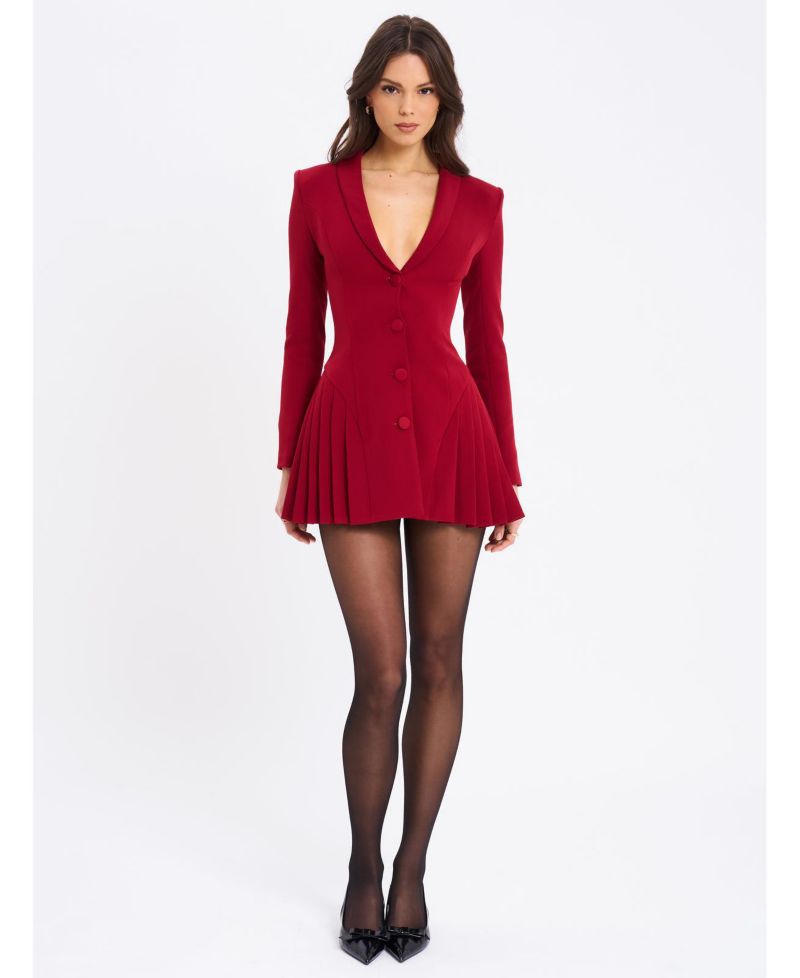 Women's Delia Burgundy Blazer Dress with Pleated Detail