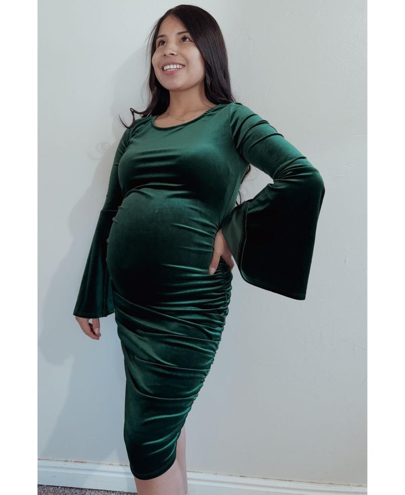 Women's Forest Green Velvet Ruched Bell Sleeve Dress