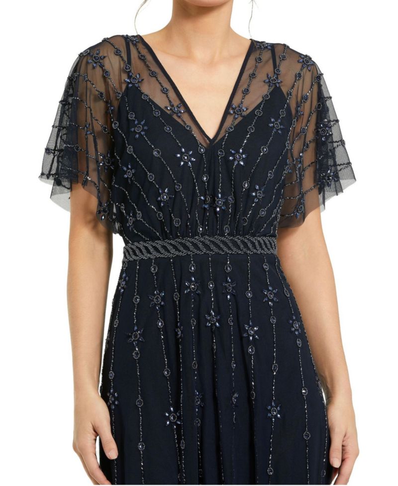 Women's V Neck Embellished Flutter Sleeve A Line Gown
