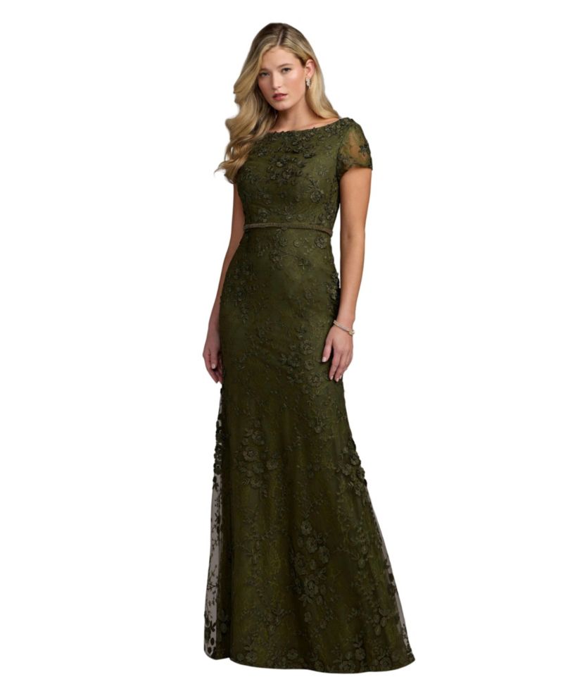 Women's Floral Applique Boat Neck Cap Sleeve Gown