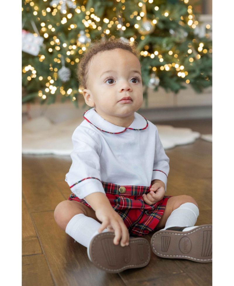 Baby Boys' Peter Pan Collar Long-Sleeve Plaid Shortall