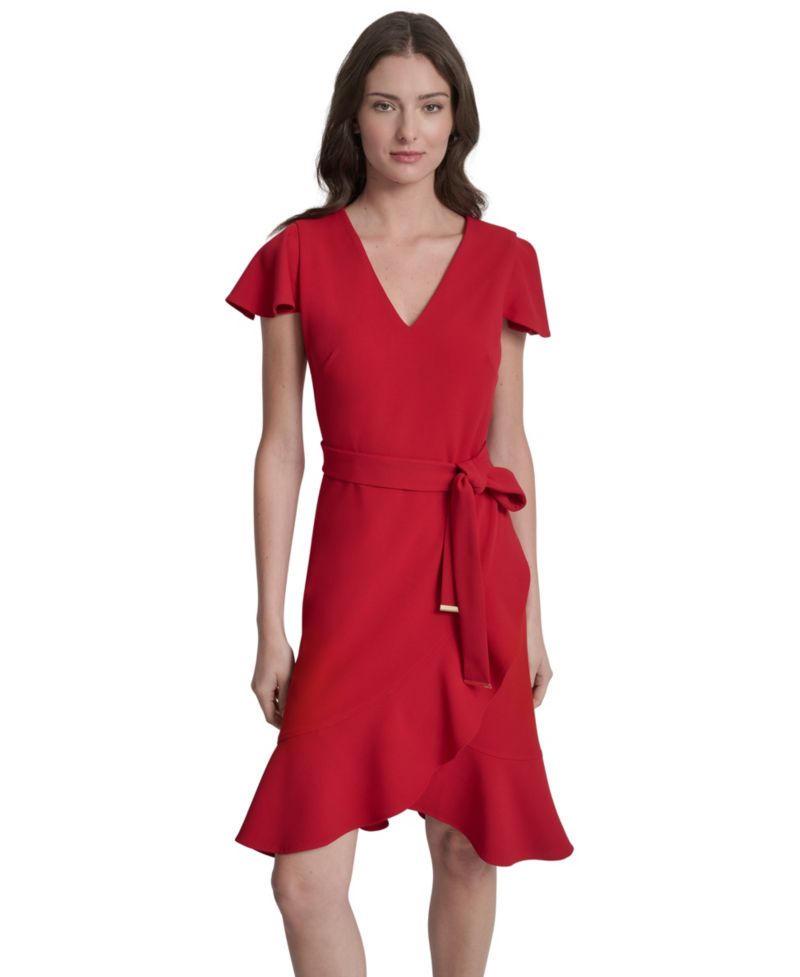 Women's Flutter Short-Sleeve V-Neck Faux-Wrap Dress