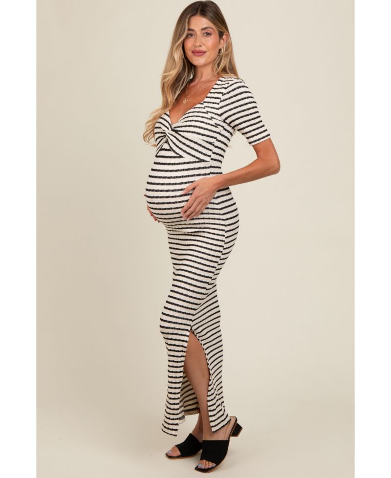 Women's Ivory Black Striped Knit Short Sleeve Maxi Dress