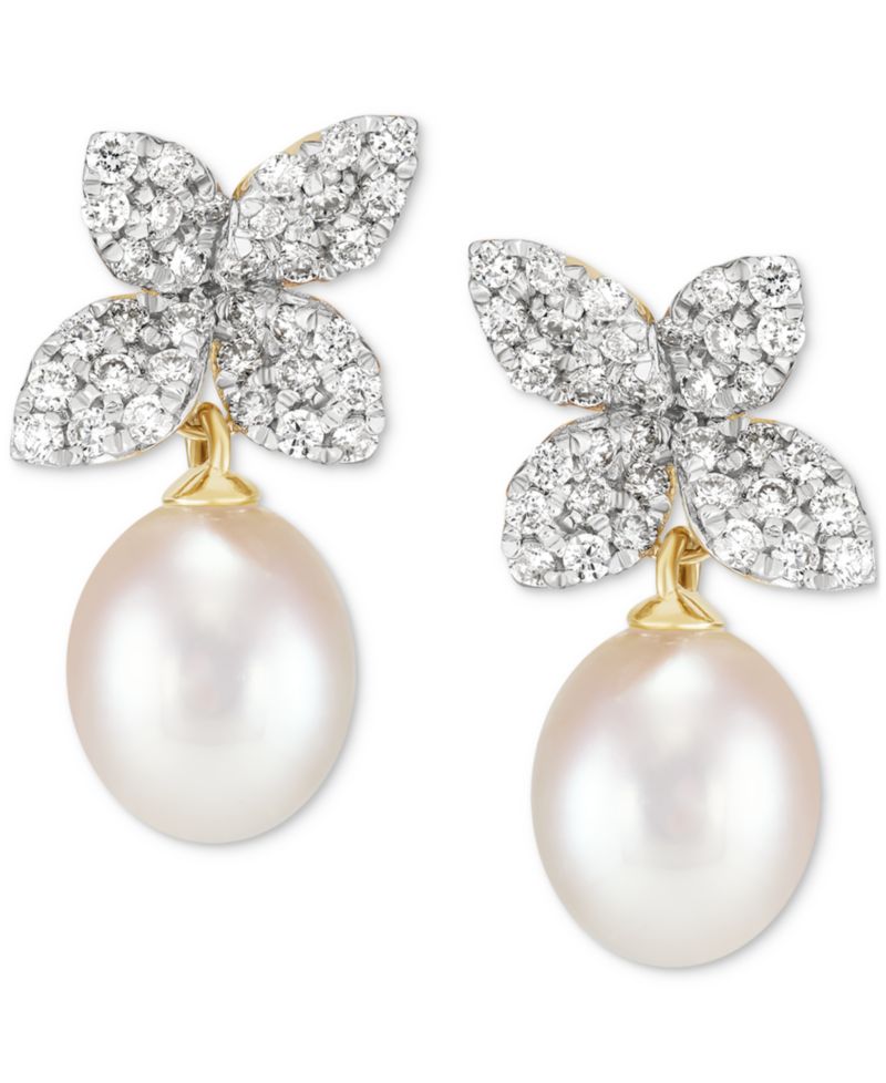 Cultured Freshwater Oval Pearl (6 - 6-1/2mm) & Lab Grown Diamond (1/2 ct. t.w.) Floral Drop Earrings in 14k Gold