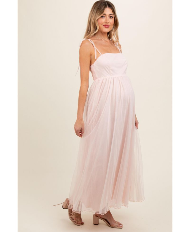 Women's Light Pink Square Neck Shoulder Tie Tulle Maxi Dress
