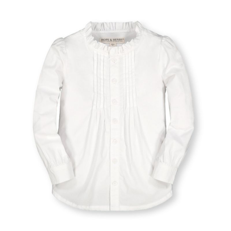 Baby Girls Hope and Henry Long Sleeve Ruffle Neck Button Down Blouse with Pintucking