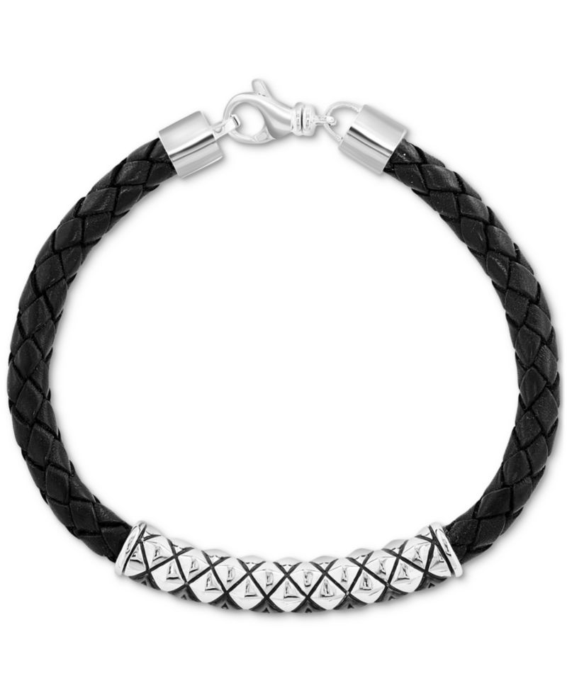 EFFY® Men's Black Spinel Woven Black Leather Bracelet (1/6 ct. t.w.) in Sterling Silver