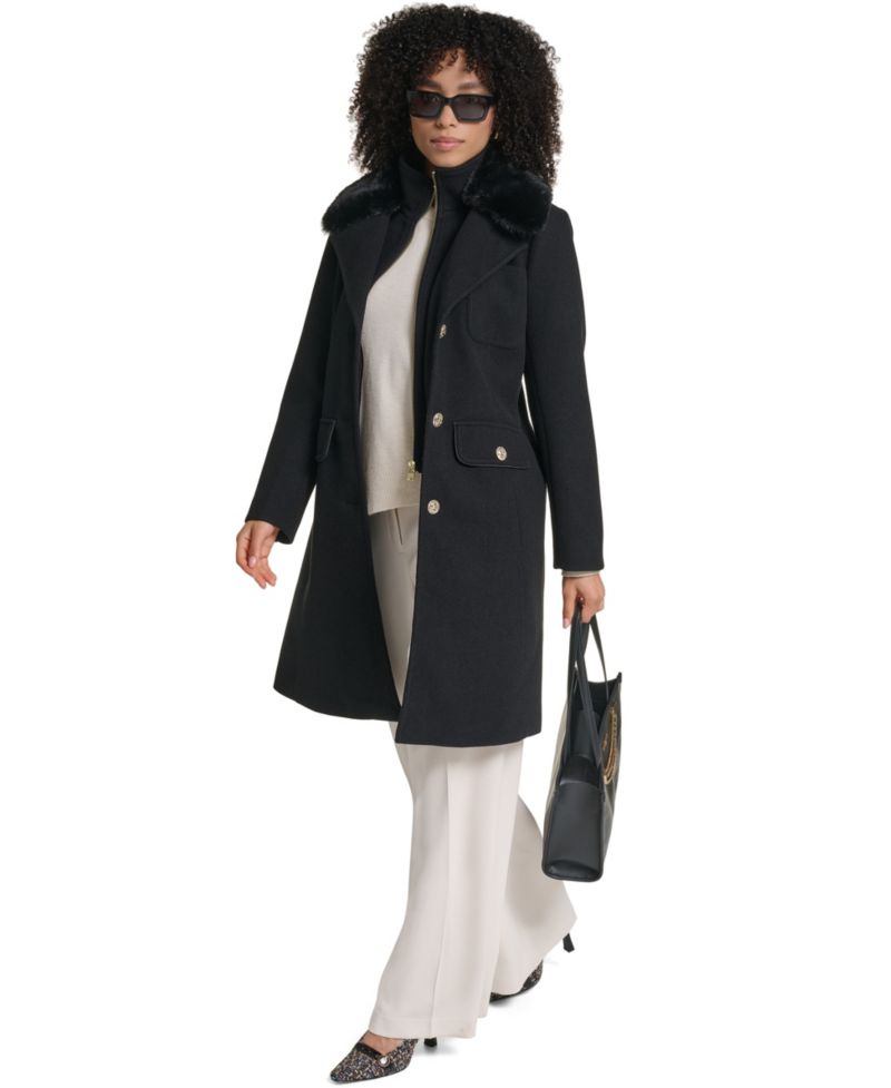 Women's Bibbed Faux-Fur Collar Lined Coat