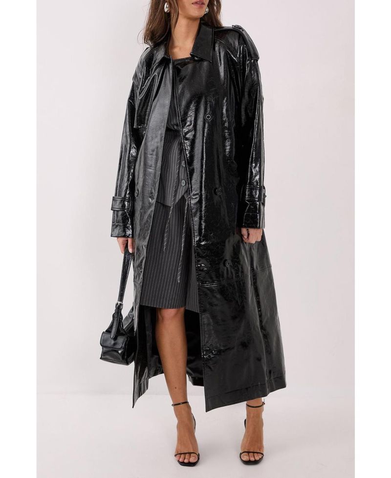 Women's High Shine Faux Leather Trench Coat