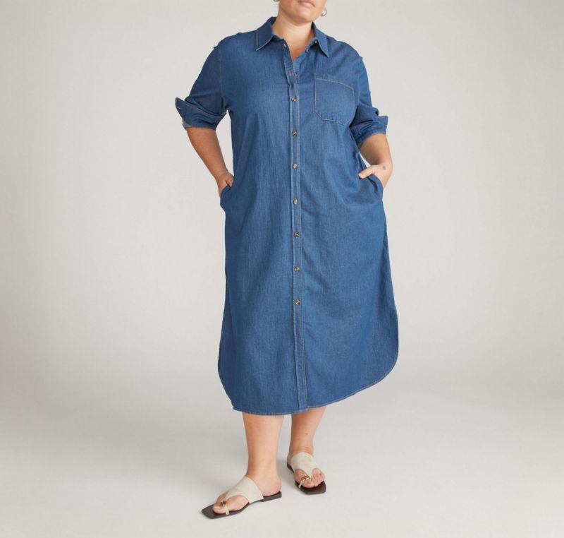 Plus Size Stretch Cotton Chambray Shirtdress