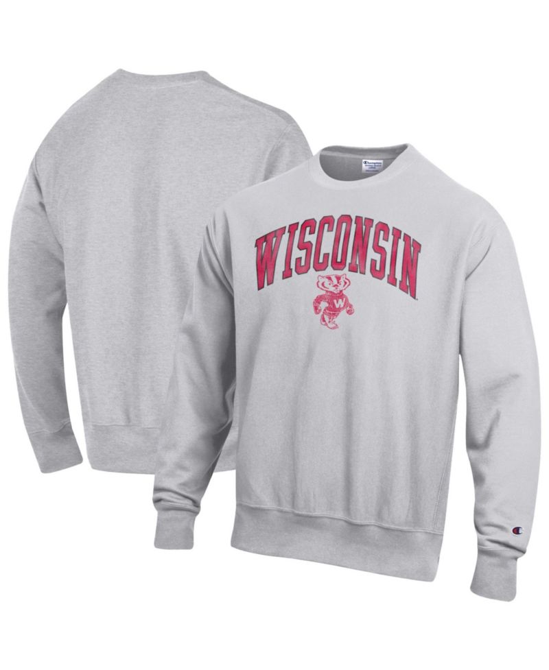 Men's Gray Wisconsin Badgers Distressed Arch Over Logo Reverse Weave Crew Neck Sweatshirt