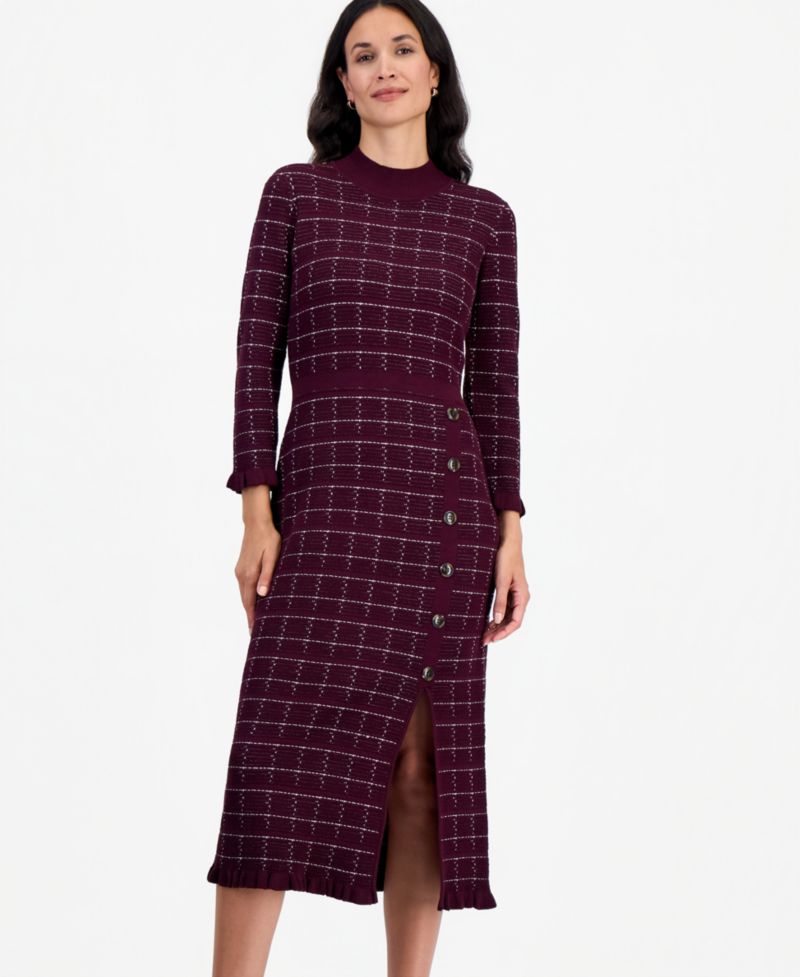 Petite Plaid Mock Neck Long-Sleeve Sweater Dress