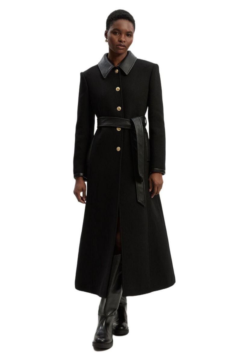 Women's Wool Pu Mix Belted Tailored Maxi Coat