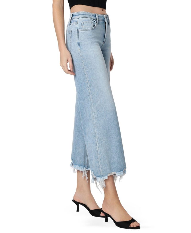 Women's Mid Rise Raw Distressed Hem Crop Wide Leg Jeans