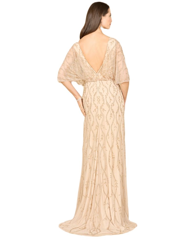 Women's Illusion Cape Sleeve Beaded Gown