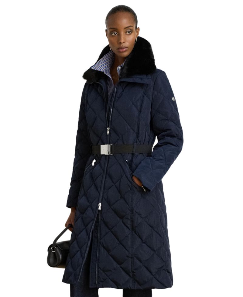 Women's Belted Quilt with Faux Fur Collar Coat