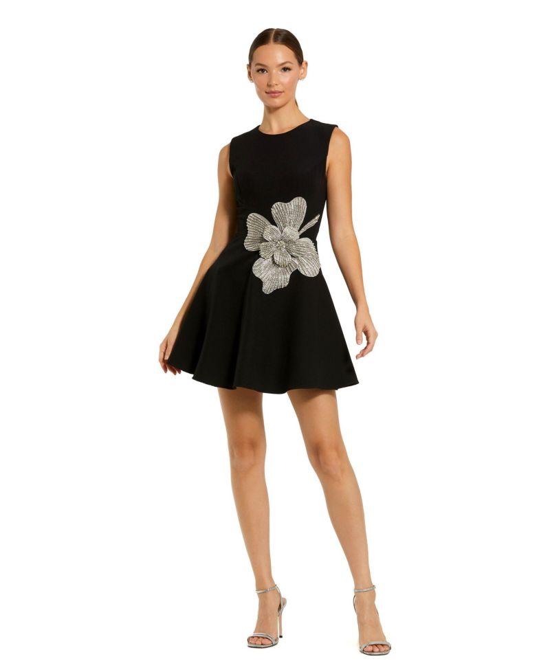 Women's Crepe Sleeveless Mini Dress With Rhinestone Flower