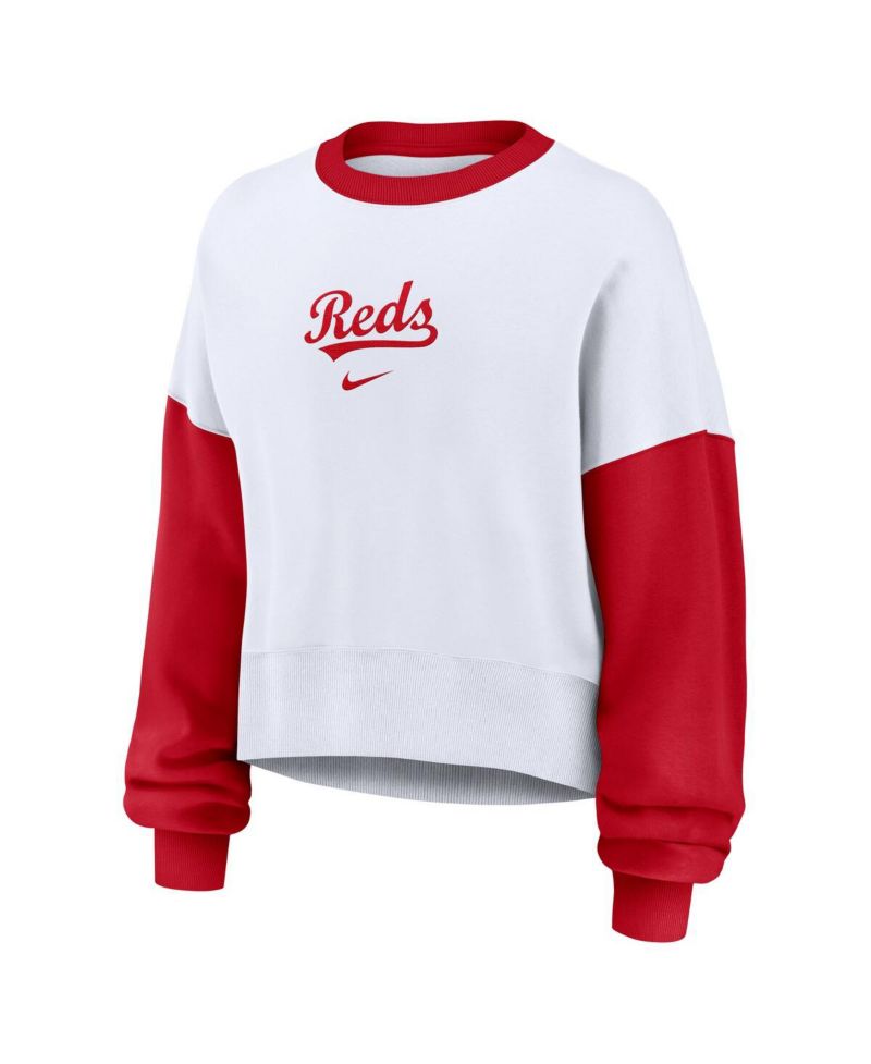 Women's White/Red Cincinnati Reds Oversized High Hip Fleece Sweatshirt